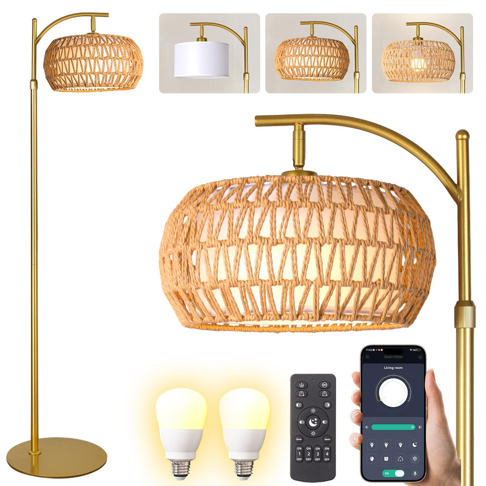 DRAWNCAT Gold Boho Rattan Floor Lamp base offers a stable foundation for wobble-free setup.