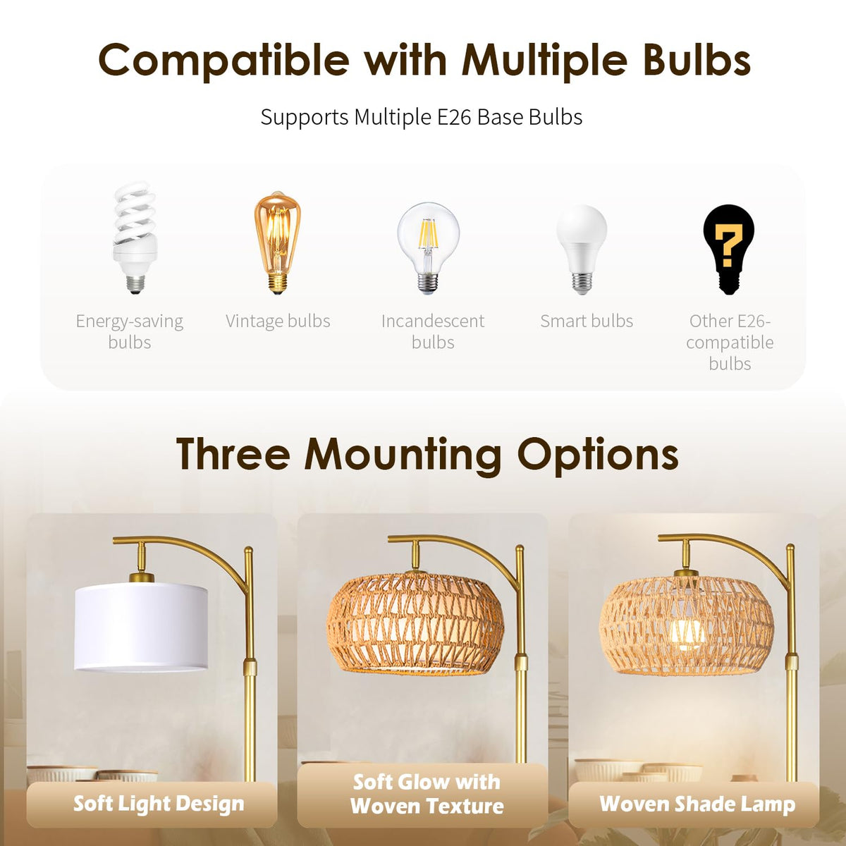 DRAWNCAT Gold Boho Rattan Floor Lamp dimming feature delivers stepless brightness from warm to cool.
