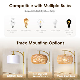 DRAWNCAT Gold Boho Rattan Floor Lamp dimming feature delivers stepless brightness from warm to cool.