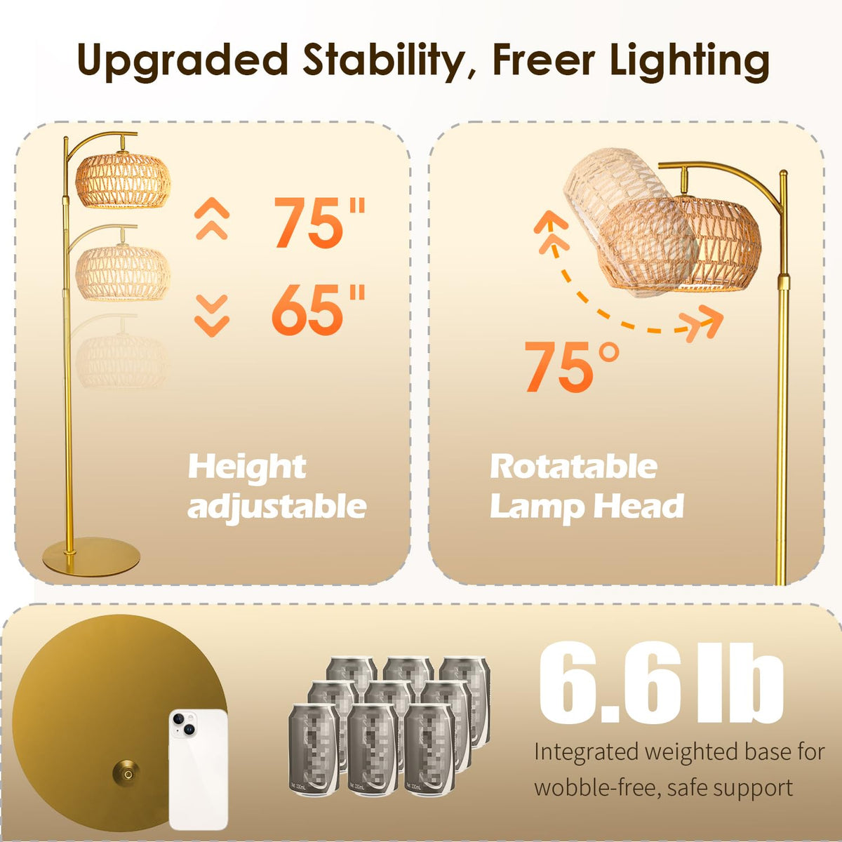 DRAWNCAT Gold Boho Rattan Floor Lamp remote enables easy dimming and color temperature control.