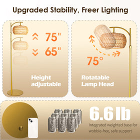 DRAWNCAT Gold Boho Rattan Floor Lamp remote enables easy dimming and color temperature control.