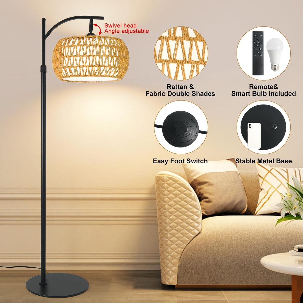DRAWNCAT Boho Arc Floor Lamp dimming and color temperature controls.