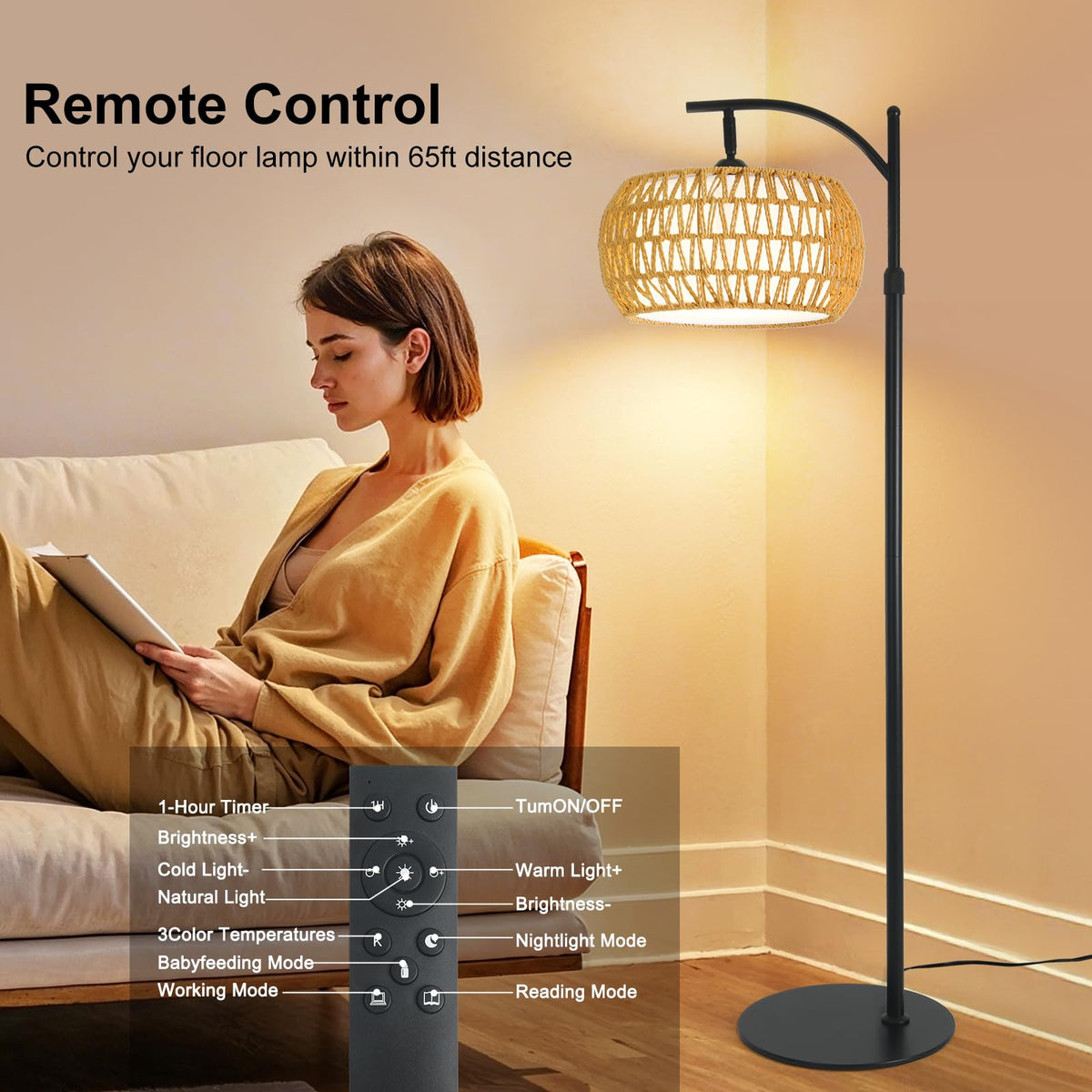 DRAWNCAT Boho Arc Floor Lamp height adjustable from 64.9 to 72.8 inches.