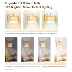 DRAWNCAT arc floor lamp with dual 12W bulbs for broad, flicker-free light.