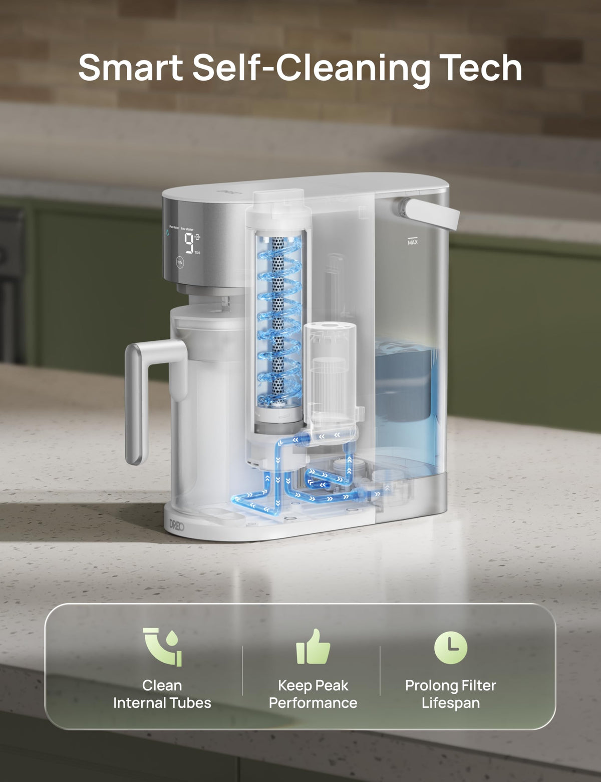 DREO tank and pitcher setup ready for daily use by 1–2 people
