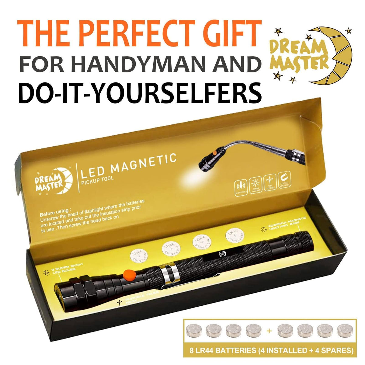 Dream Master includes four LR44 batteries and a stainless steel pocket clip.