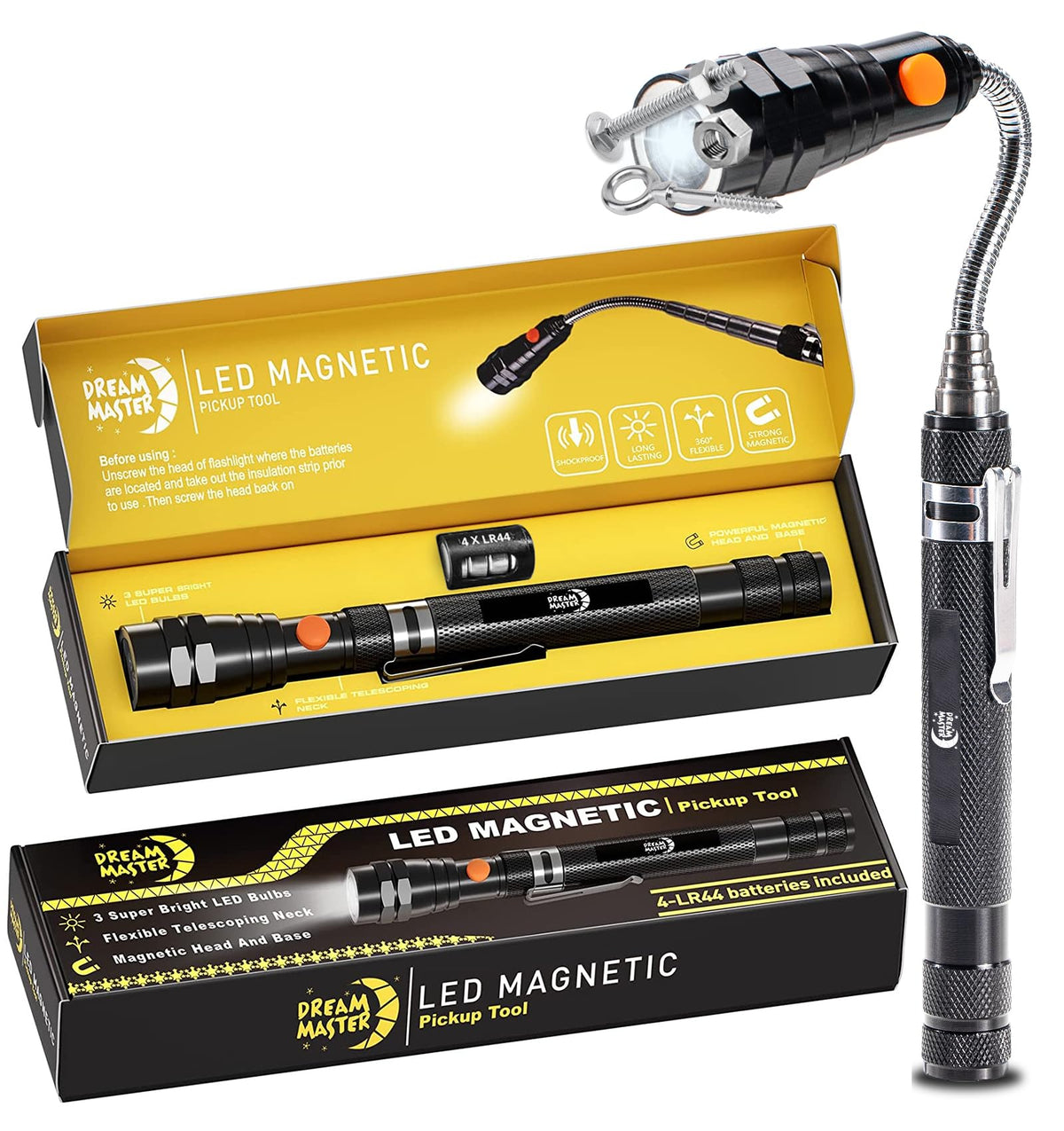 Dream Master magnetic pickup tool with LED light, extended reach for hard-to-reach items.