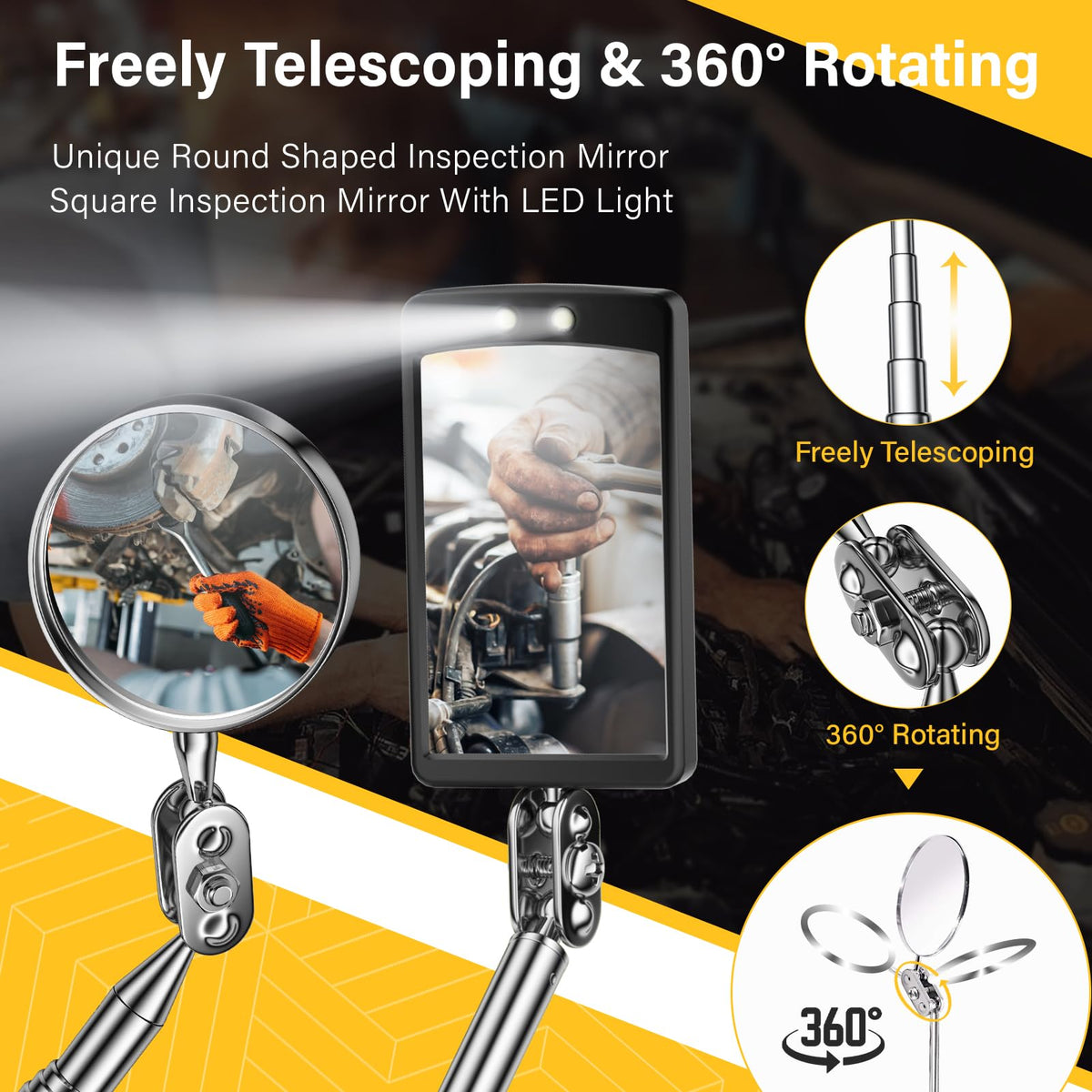 Dream Master round inspection mirror with LED illuminates hard-to-reach corners.
