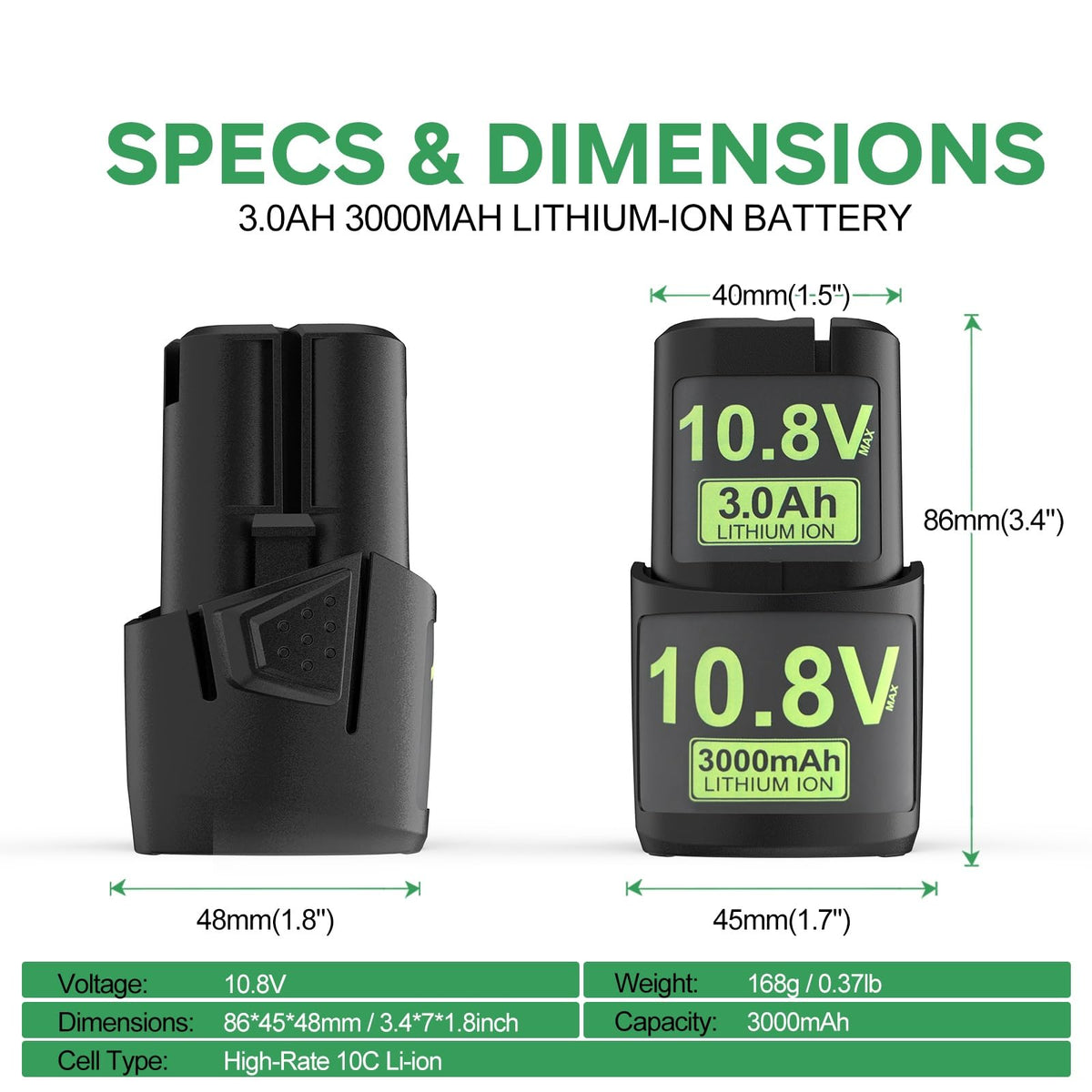 DREAMDASH 3000mAh 10.8V battery label highlights high capacity and quick charge potential