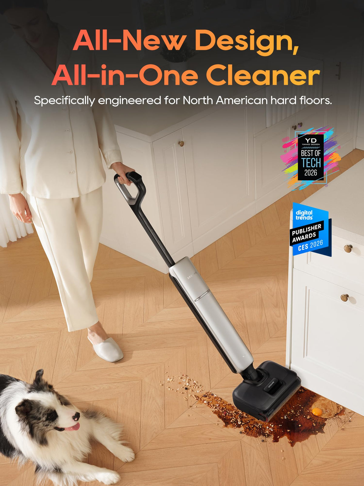 DREAME Aero Pro under-furniture reach demonstrates 3.88 inch profile in tight spaces.