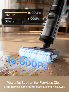 Dreame H12 Pro on the dock demonstrates cordless charging for ready-to-use cleaning sessions.