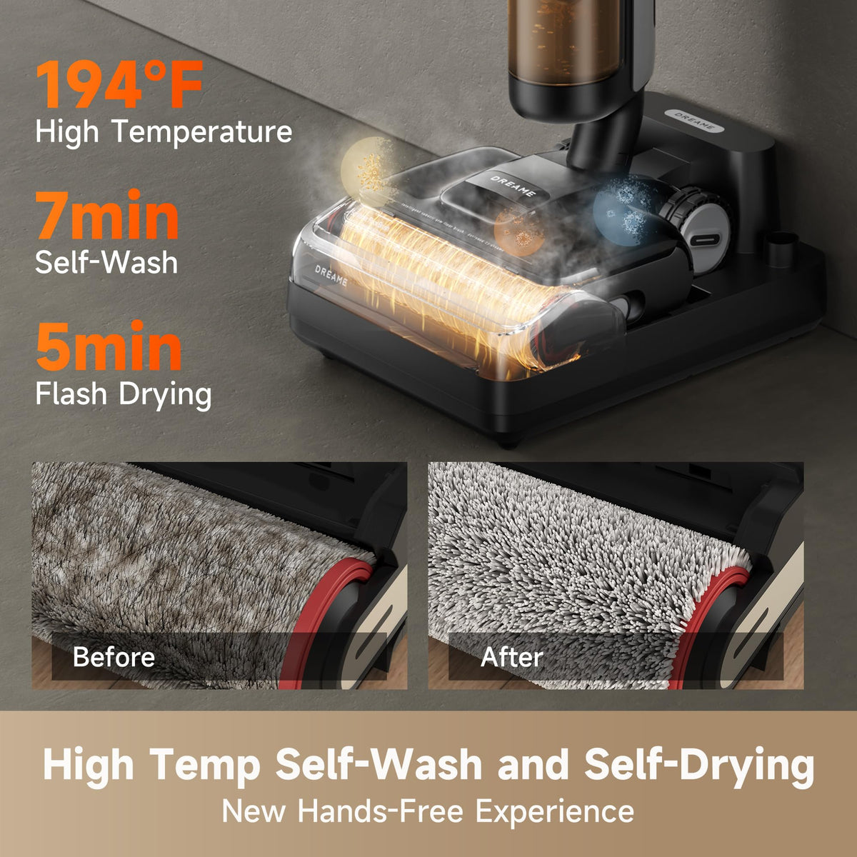 DREAME H12 Pro FlexReach performs 194°F self-cleaning to refresh the brush.