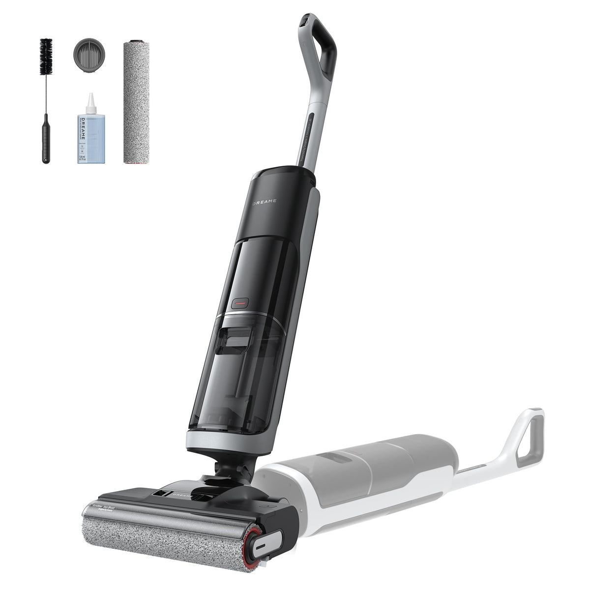 DREAME H14 demonstrates 180-degree lie-flat reach under furniture for hidden dust.
