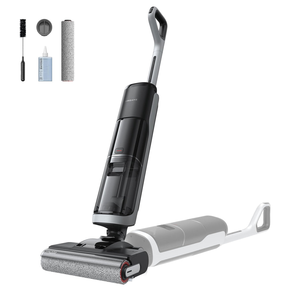 DREAME H14 demonstrates 180-degree lie-flat reach under furniture for hidden dust.