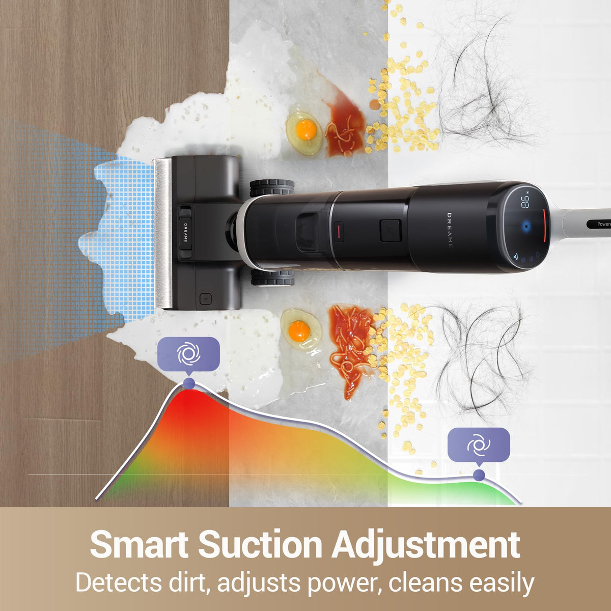 DREAME H14 Pro LED headlight reveals hidden debris under furniture.