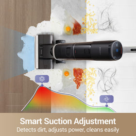 DREAME H14 Pro LED headlight reveals hidden debris under furniture.