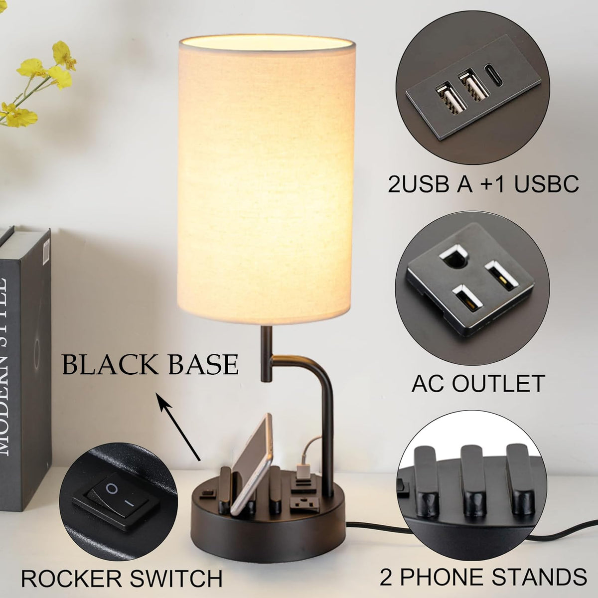 Dreamholder lamp base features two phone holders to keep devices organized while charging.