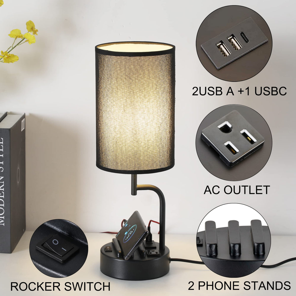 Dreamholder lamp features built-in phone holders to keep devices organized while charging.