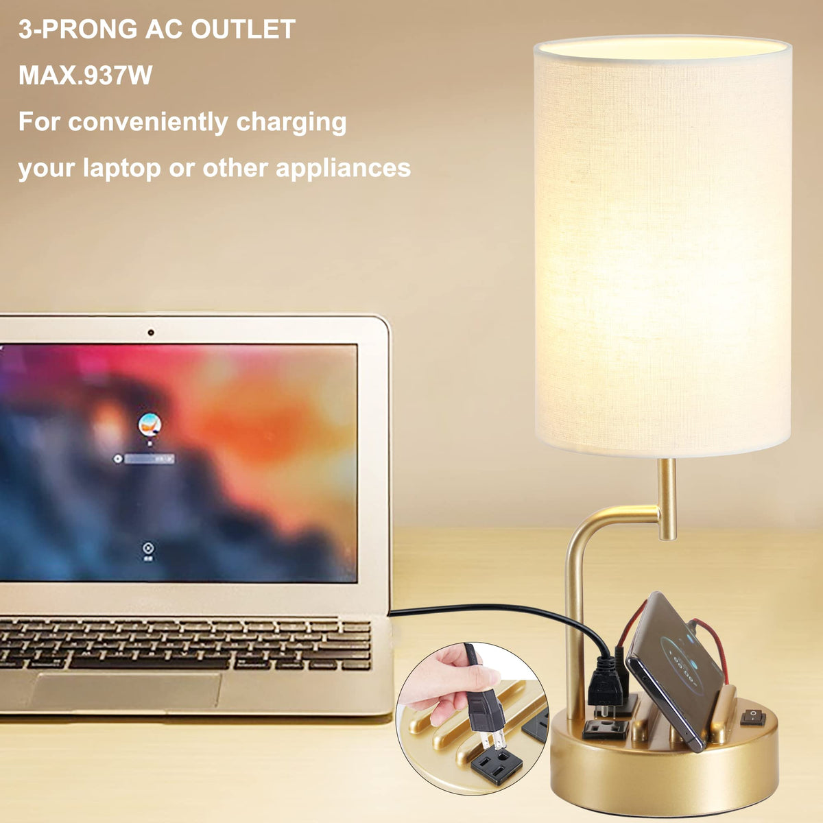 Dreamholder table lamp includes two phone slots to keep devices organized.