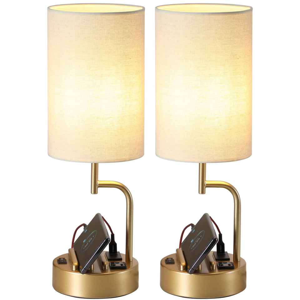 Dreamholder table lamp with USB ports and outlet enables convenient charging at home.