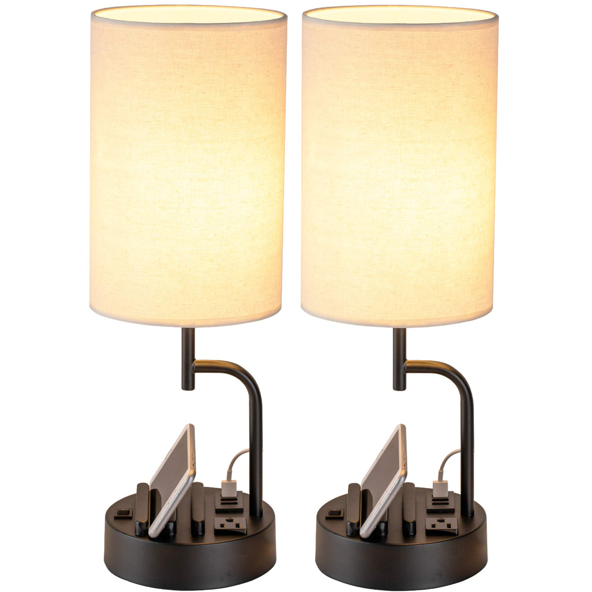 Dreamholder table lamp with USB ports and AC outlet for bedside charging.
