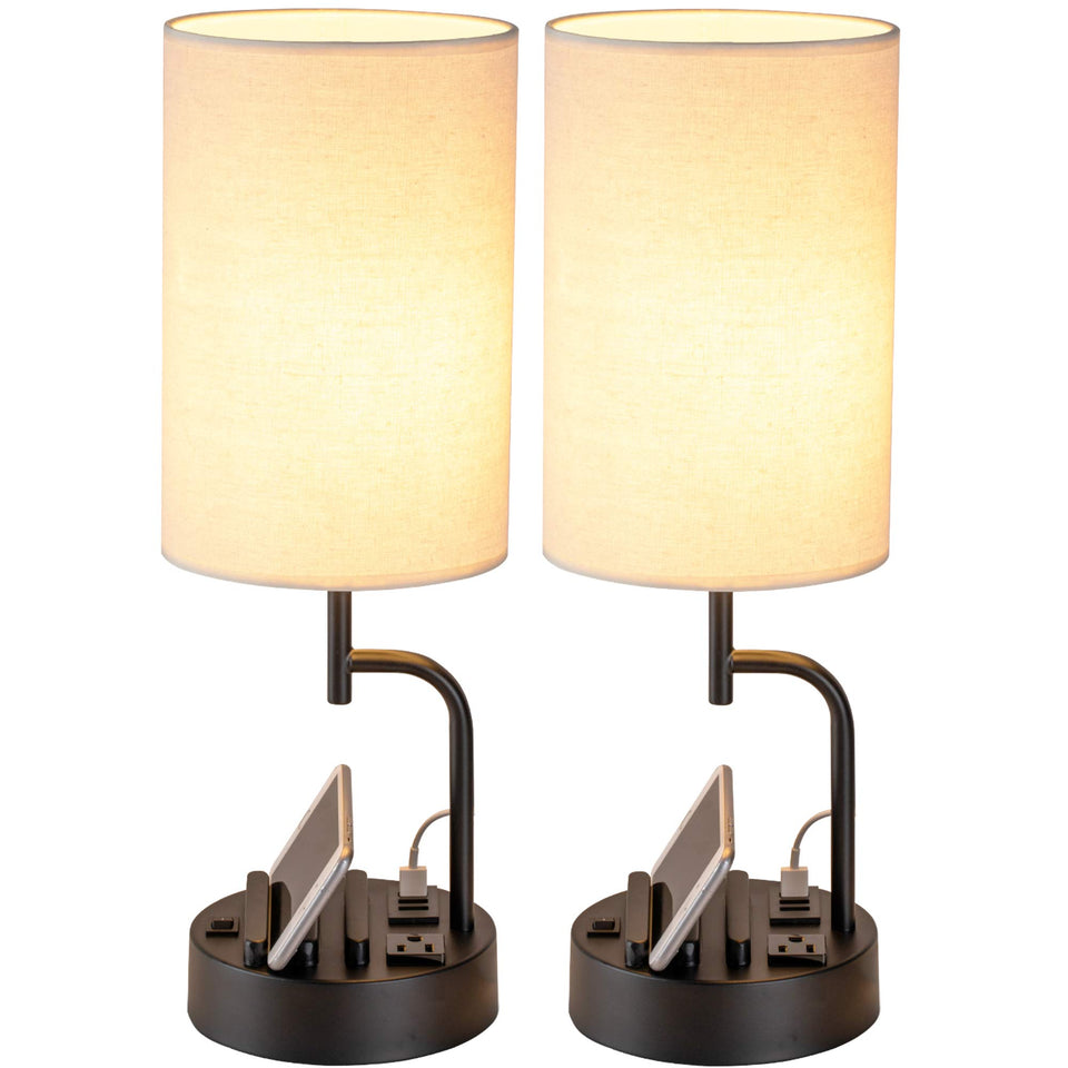 Dreamholder table lamp with USB ports and AC outlet for bedside charging.