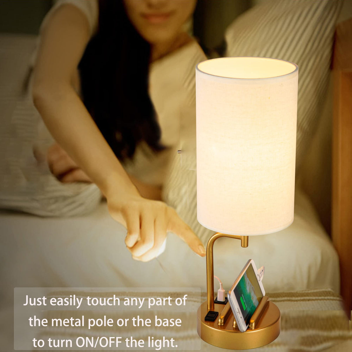 Dreamholder lamp side view shows sleek gold finish and touch controls