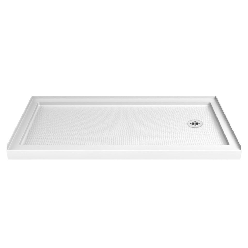 DreamLine SlimLine 30x60 white base with right drain, showcasing a clean low-profile design.