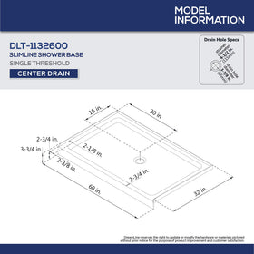 DreamLine SlimLine base drain location view highlighting centered drain for balanced plumbing.