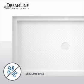 DreamLine SlimLine base, white gloss finish highlights modern bathroom style.
