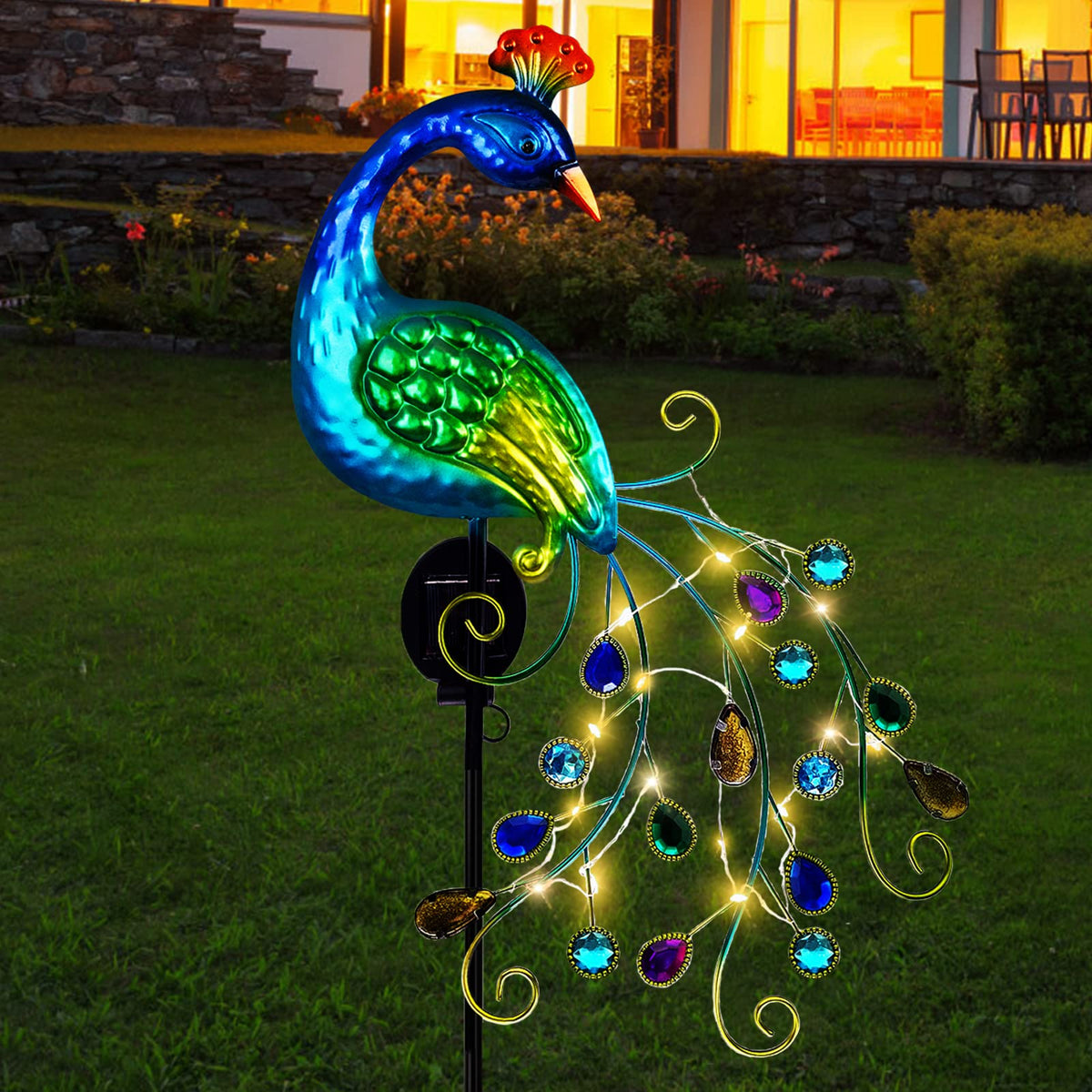 Dreamsoul metal peacock garden light front view adds warm outdoor ambiance