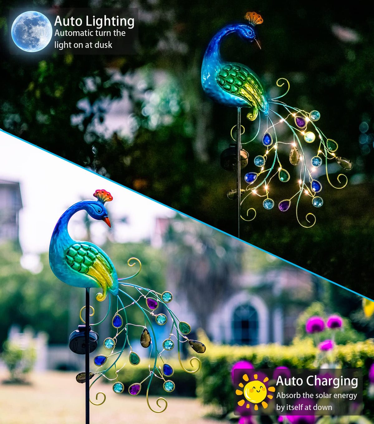 Dreamsoul metal peacock garden light tail detail creates enchanting night glow