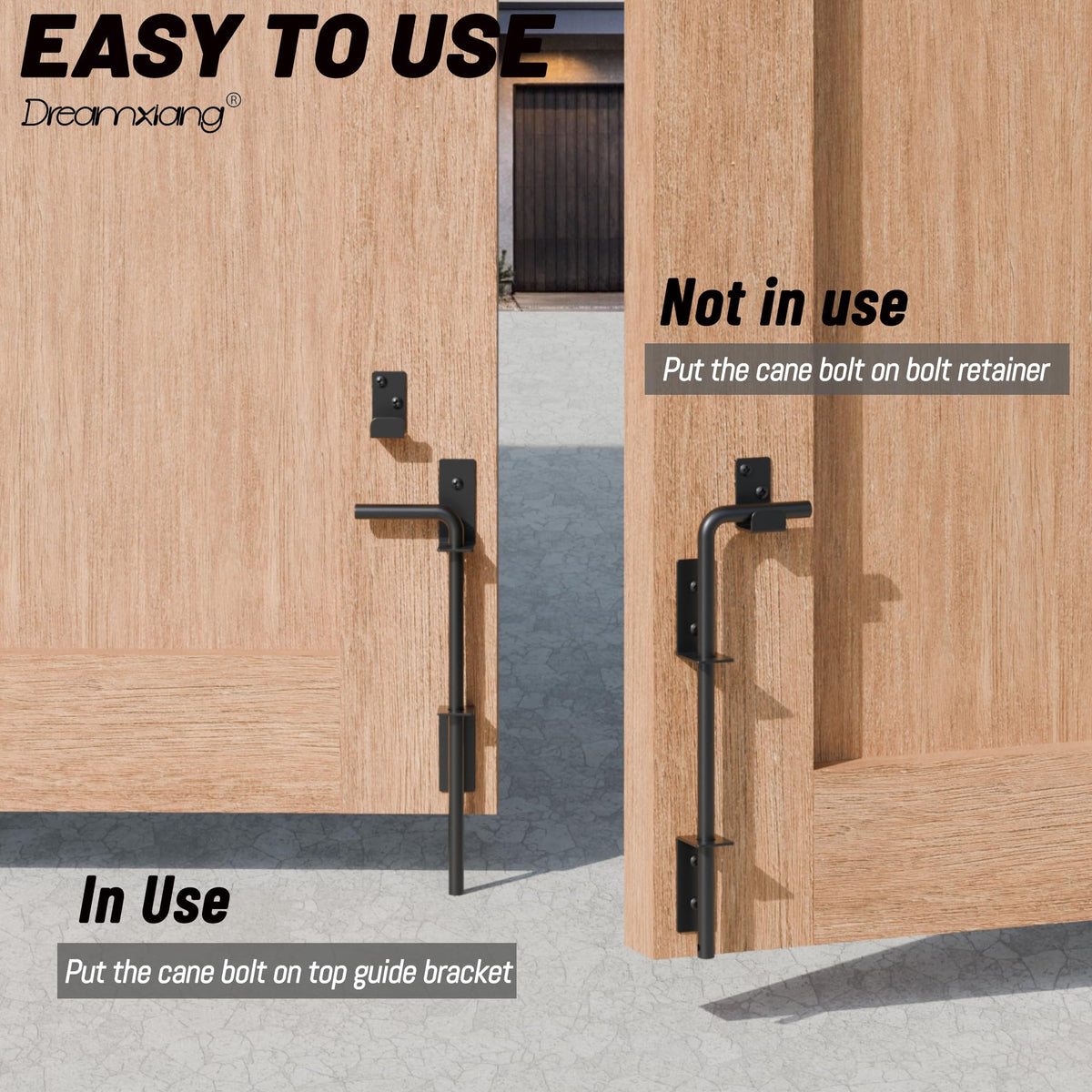 Dreamxiang cane bolt mounted on wood, metal, or vinyl gate.