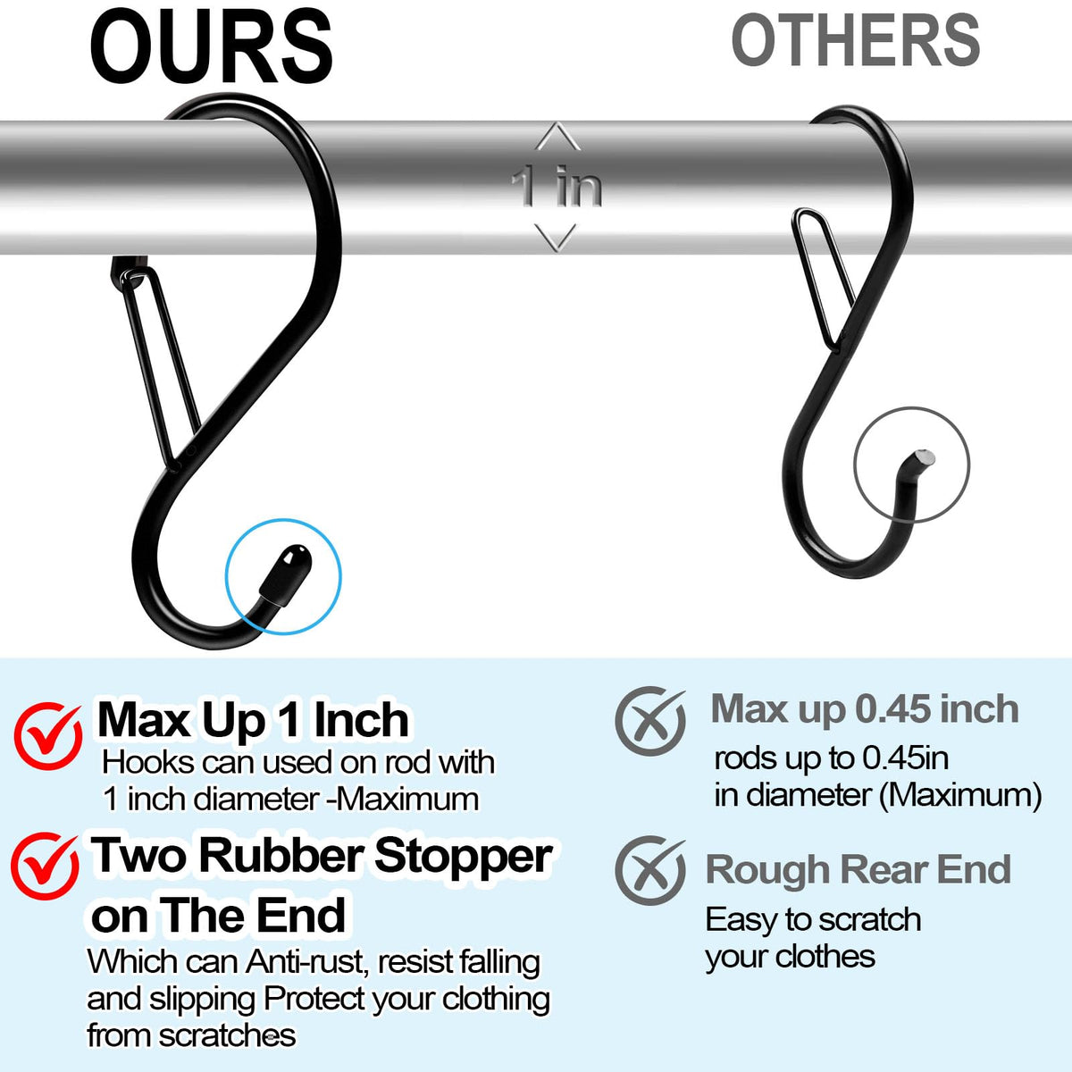 Dreecy S Hook top opening measures 1.5 inches for rod compatibility.