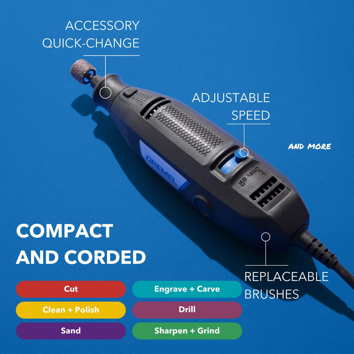 Dremel 3100 six-foot cord enables flexible project movement.