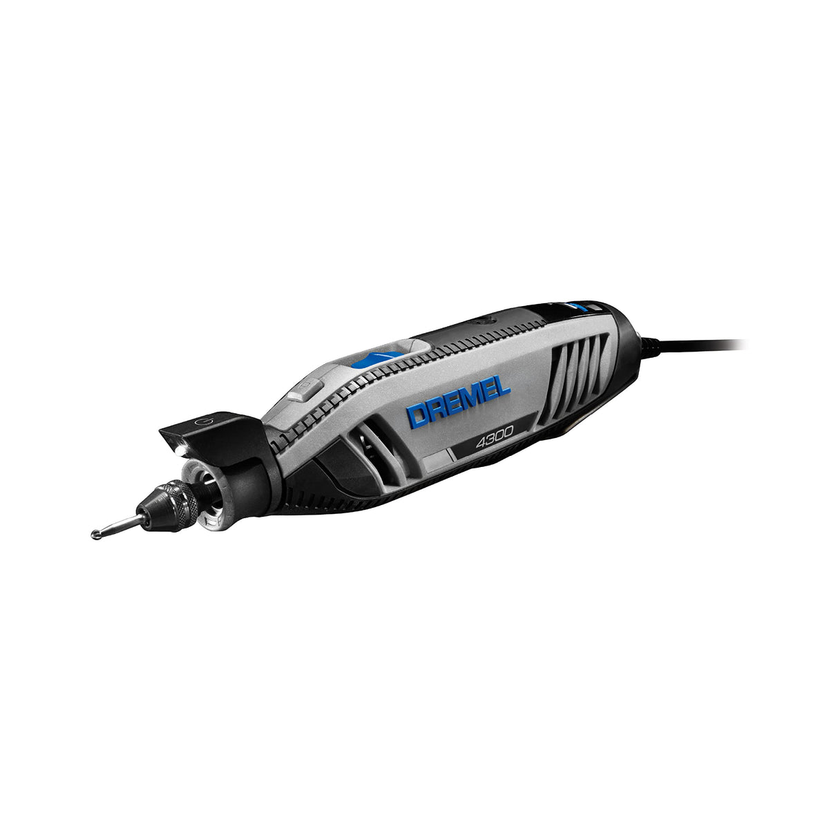 Dremel 4300 with 3-jaw chuck enables fast tool-free accessory changes.