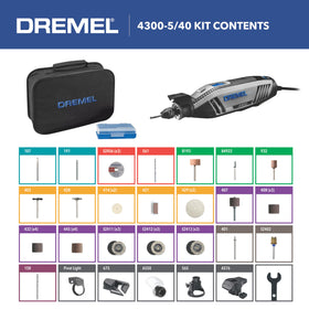 Dremel 4300 kit includes five attachments for diverse tasks.