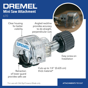 Dremel 670 Mini Saw attachment delivers clean, straight cuts in wood up to 1/4 inch.