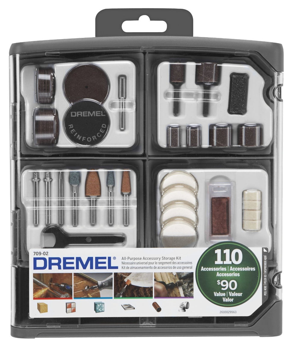 Dremel 709-02 multipurpose kit case organizes tools for quick projects.