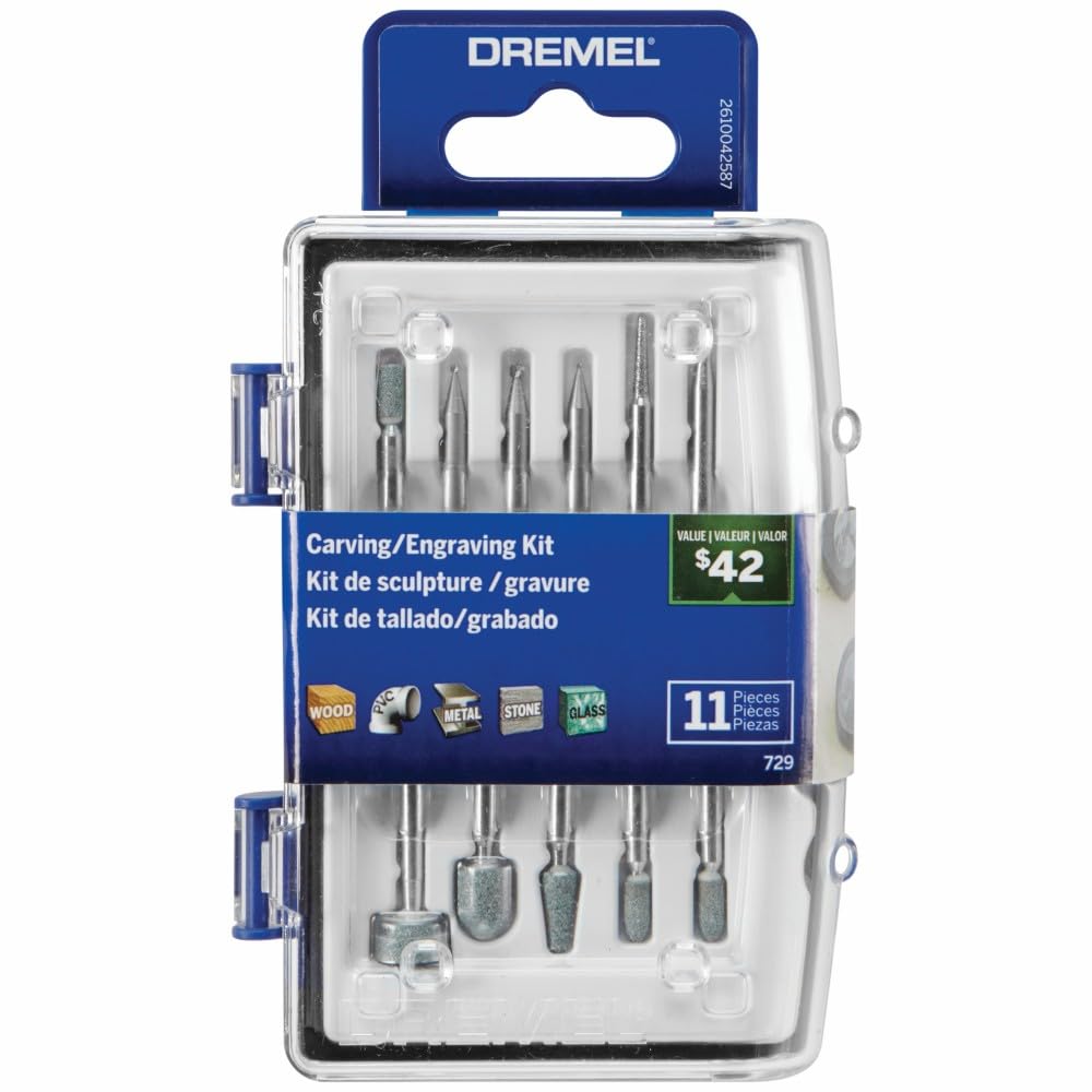 Dremel 729-01 case open showing organized engraving kit for easy on-demand carving.