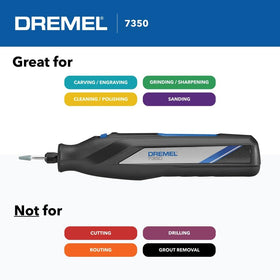 Dremel 7350 kit contents with tool, USB-C cable, wrench, and five accessories.