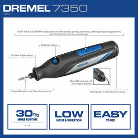 Dremel 7350 USB-C rechargeable battery for ready-to-go convenience.