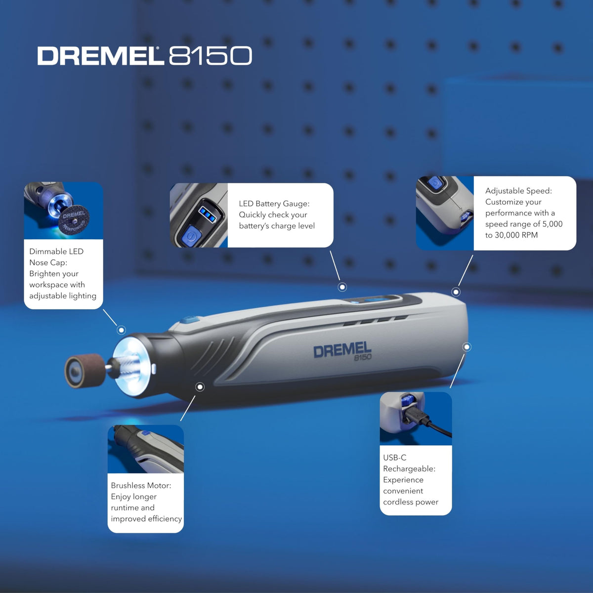 Dremel 8150 LED nose cap illuminates work area for detail tasks