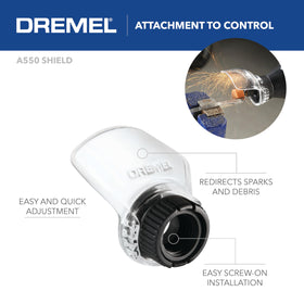 Dremel A550 shield sparks redirect demonstrates debris protection during cutting.
