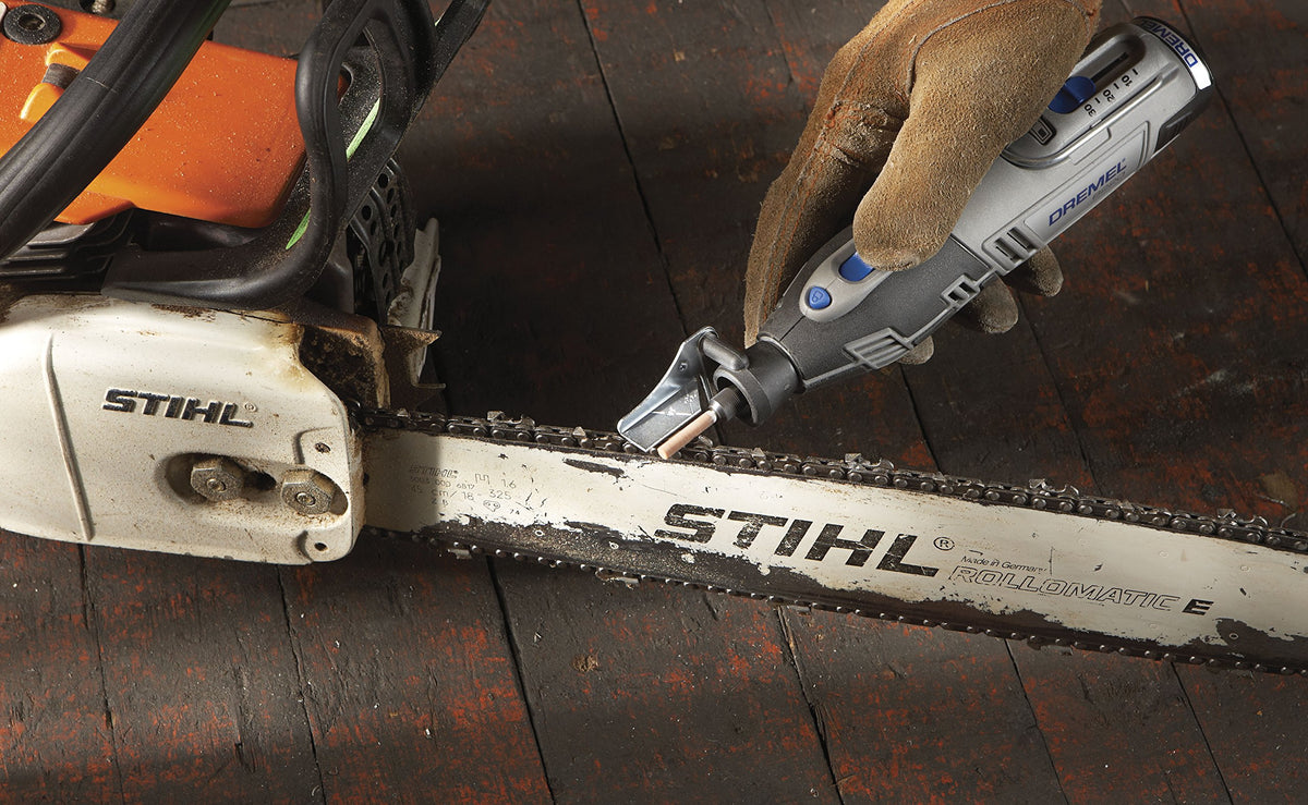 Dremel A679-02 chainsaw sharpener delivers consistent tooth sharpening.