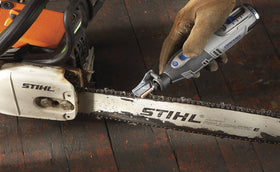 Dremel A679-02 chainsaw sharpener delivers consistent tooth sharpening.