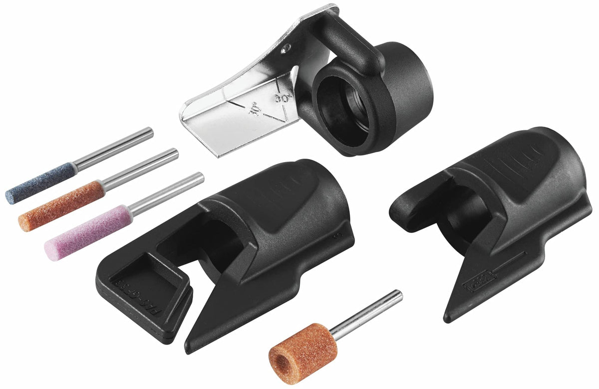Dremel A679-02 garden tool sharpener on a rotary tool for edge restoration.