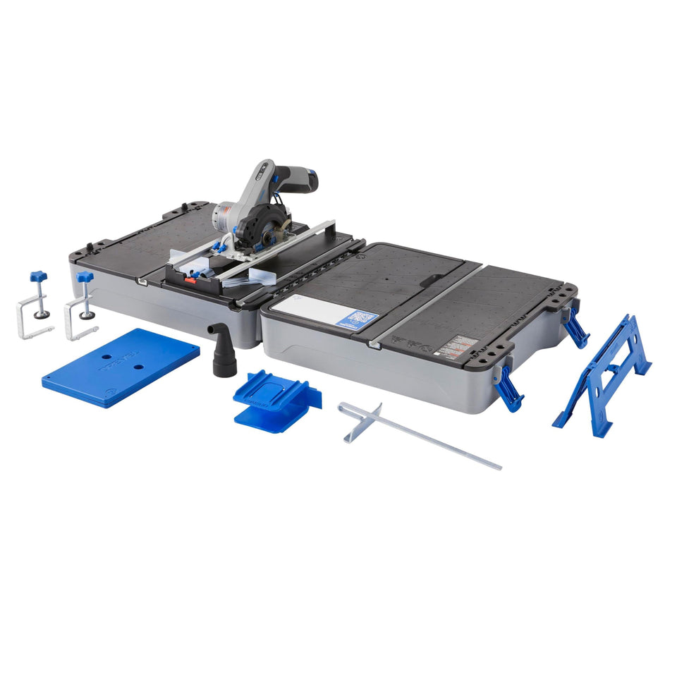Dremel Blueprint portable saw station in a compact workspace, showing space-saving design.