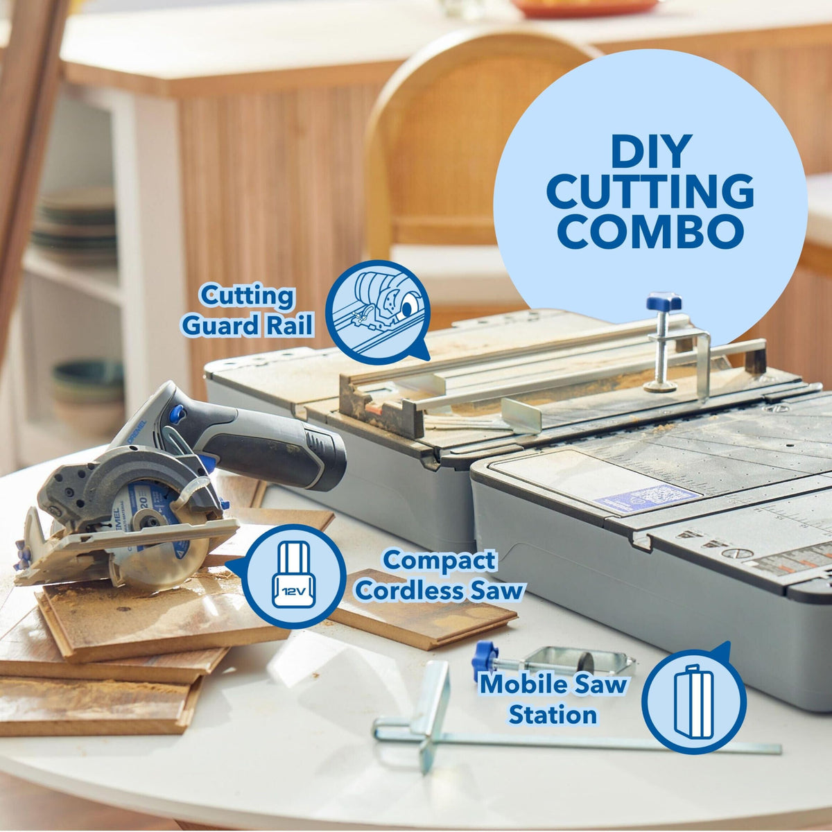 CS12V brushless compact saw performing a precise cordless cut.