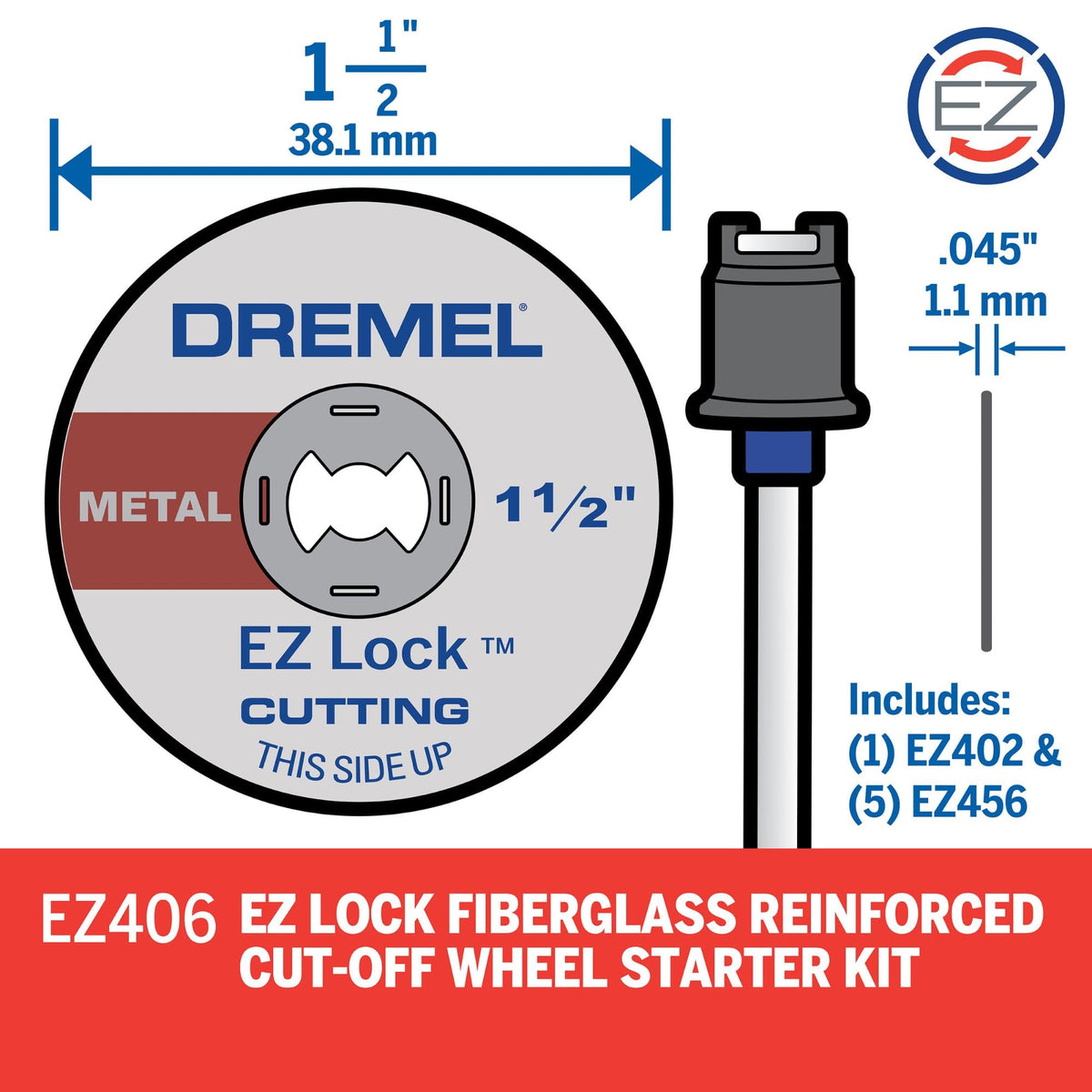 Dremel EZ402 mandrel included for fast tool-free wheel changes.